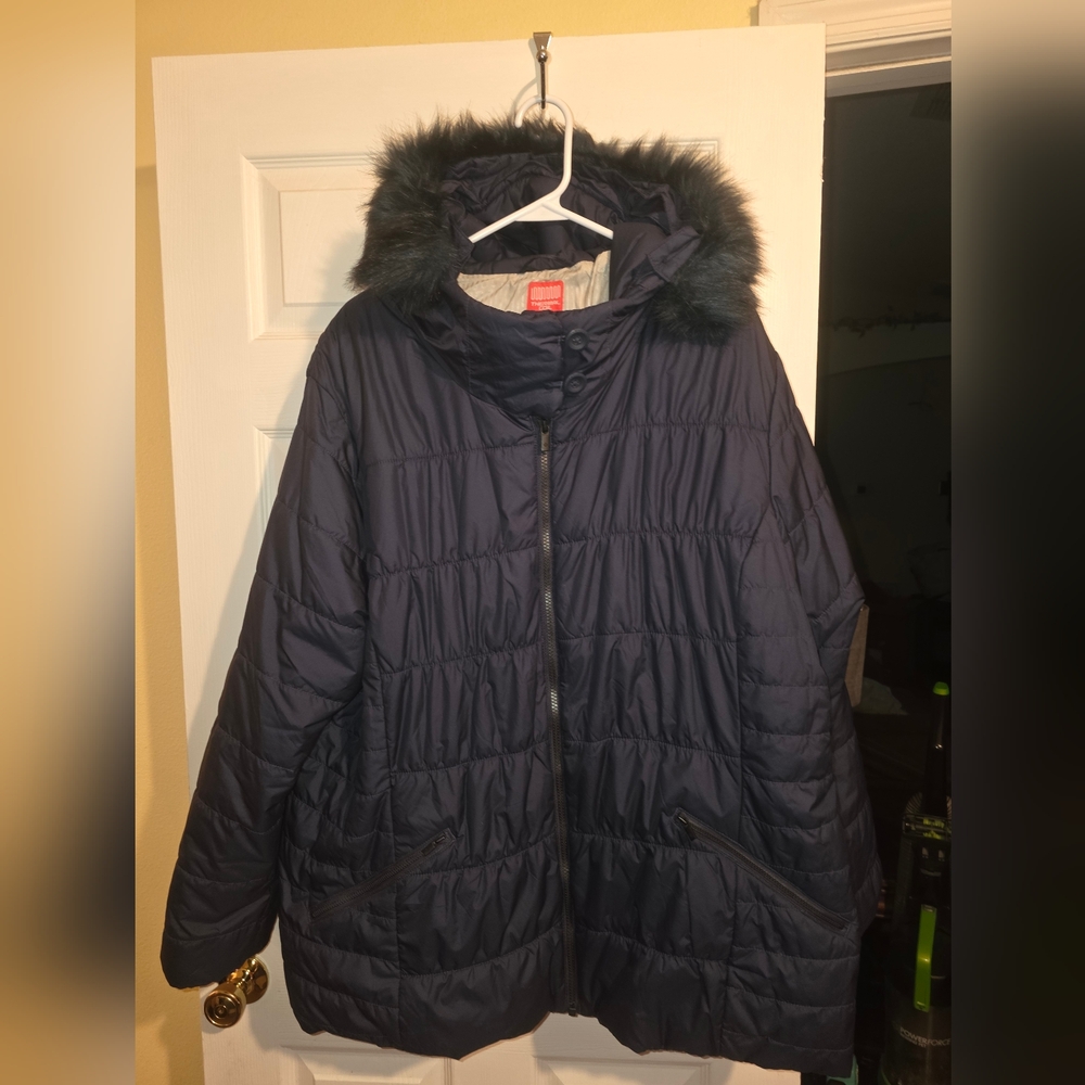 Columbia Thermal Coil Navy Quilted Puffer Jacket with Faux Fur Hood